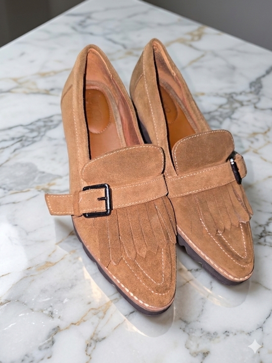 Franco Sarto Shoes - Franco Sarto Cognac Suede Kiltie Loafers with Buckle